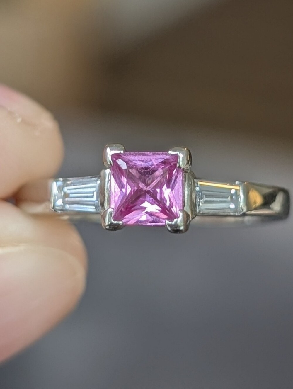 14K White Gold Princess Cut Pink Sapphire And Baguette Cut Diamond Ring